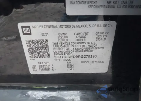 2024 GMC Sierra 1500 4Wd Short Box Slt z USA, uszkodzony, nr VIN 3GTUUDED9RG275190